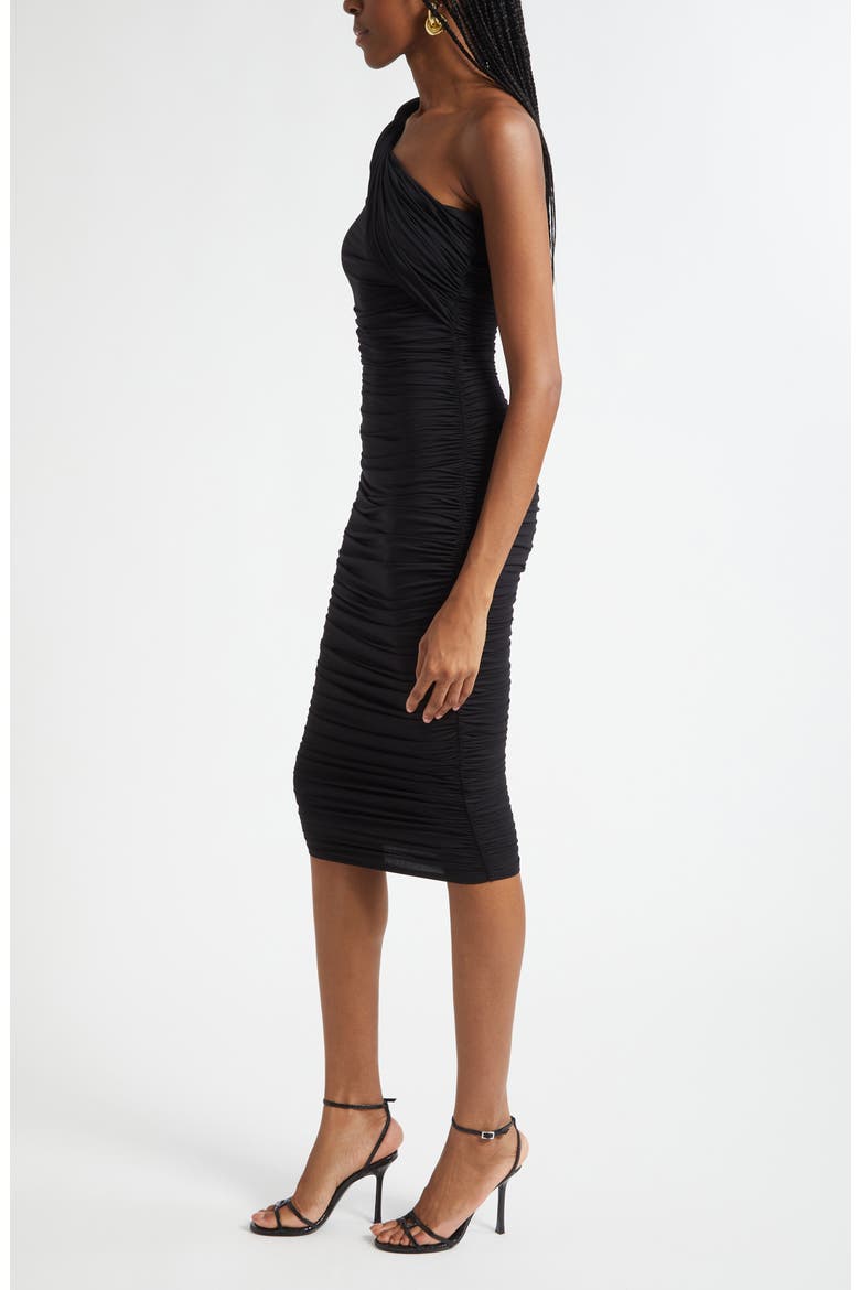 Cheryl Shirred One-Shoulder Body-Con Midi Dress, Alternate, color, BLACK