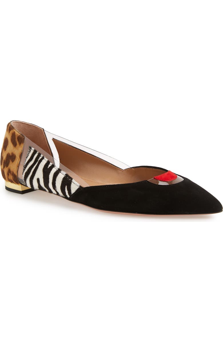 Aquazzura Fearless Animal Print Ballet Flat with Genuine Calf Hair Trim, Main, color,