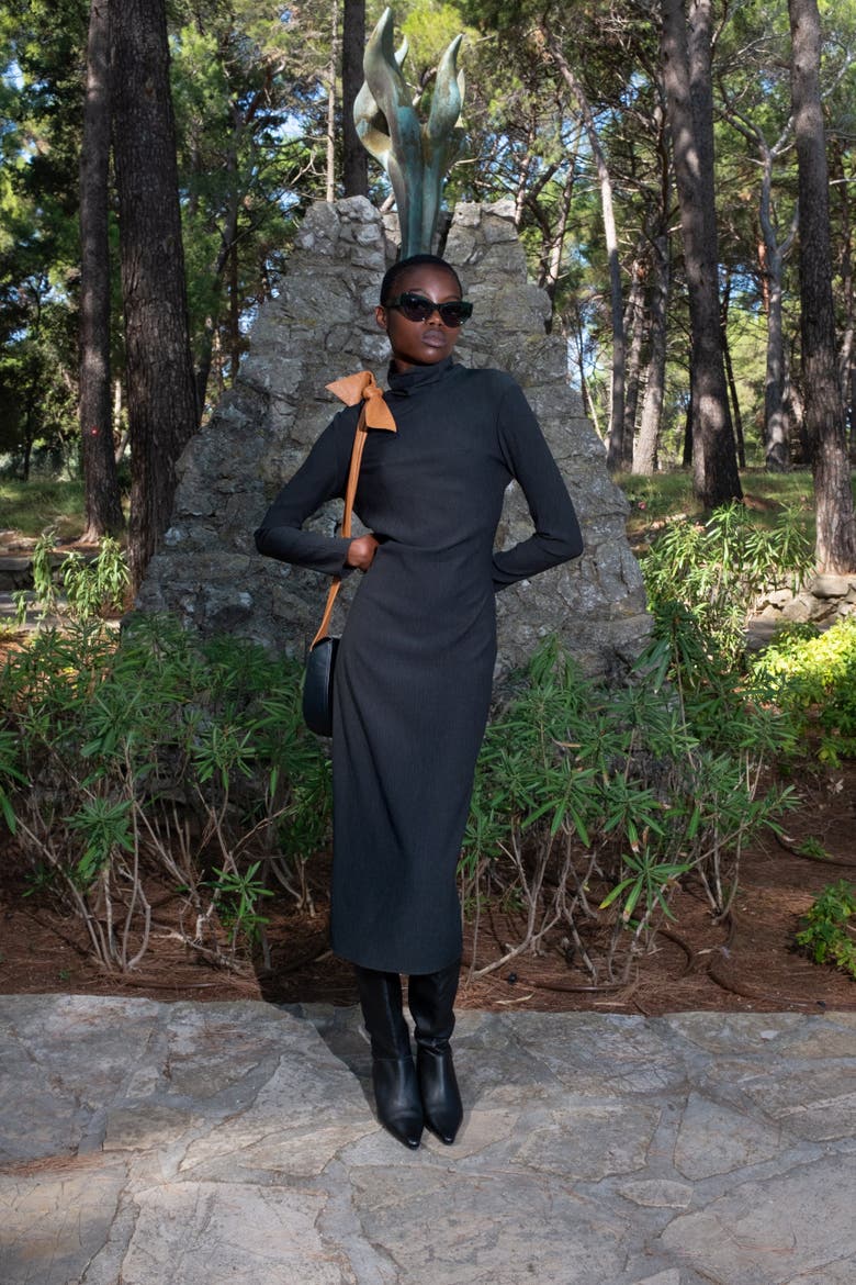 Aurora Crinkle Fabric Funnel Neck Midi Dress, Alternate, color, Black Crinkle