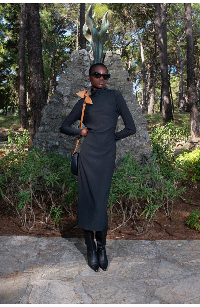 Untitled in Motion Aurora Crinkle Fabric Funnel Neck Midi Dress, Alternate, color, Black Crinkle