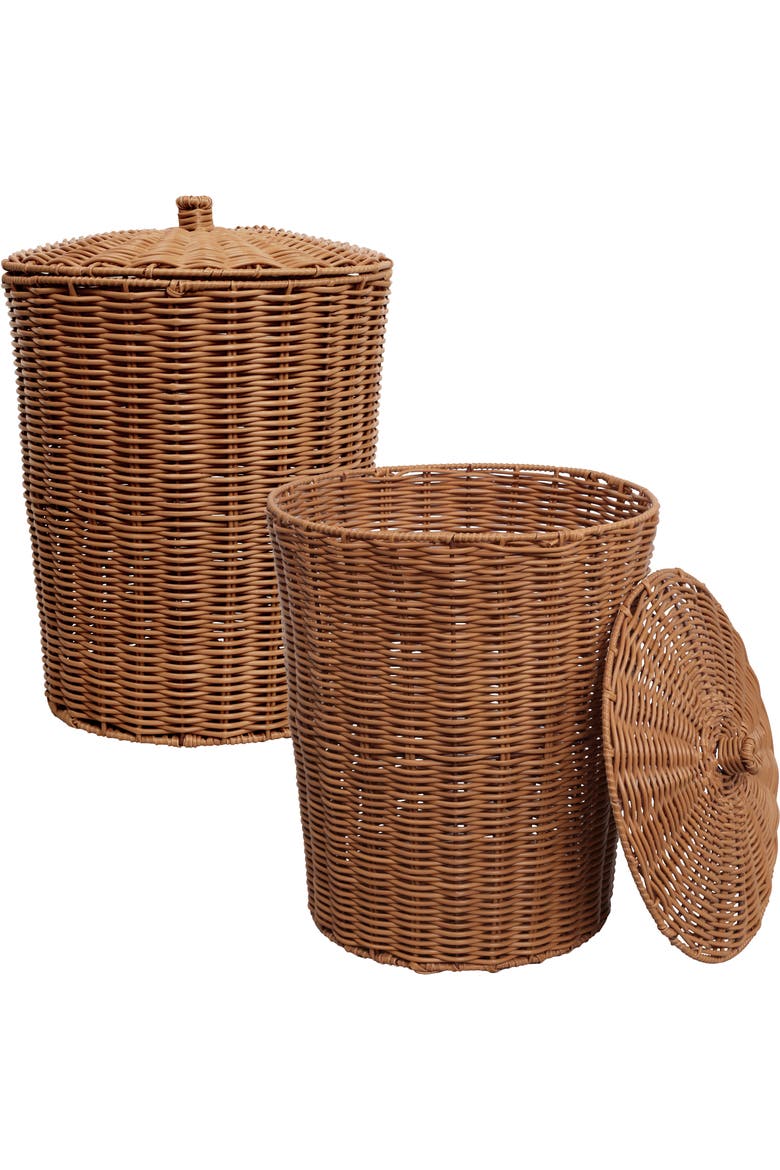 Resin 4.7-Gallon Tapered Round Wicker Watebasket with Lid, Main, color, Brown