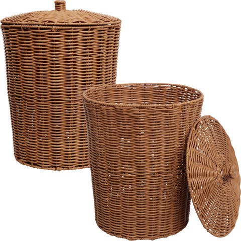 Resin 4.7-Gallon Tapered Round Wicker Watebasket with Lid (Set of 2)