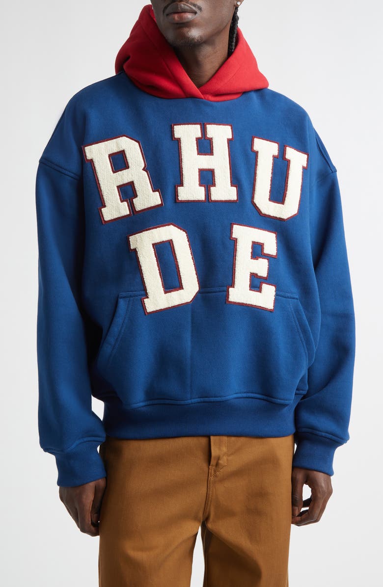 Rhude Chenille Logo Patch Hoodie, Main, color, Navy/ Red 3446