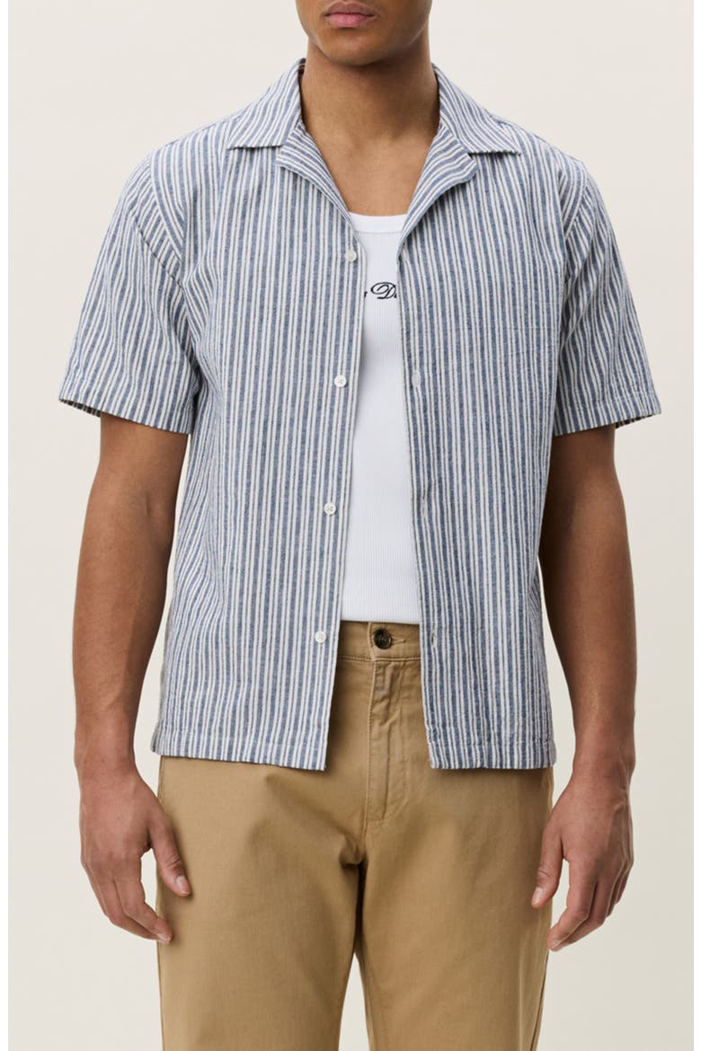 Stripe Cotton & Linen Camp Shirt, Main, color, DARK DENIM BLUE