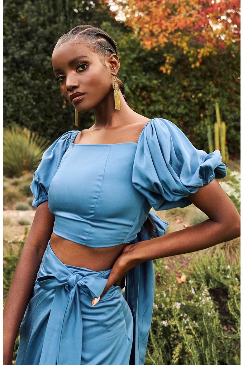 Zany Off-the-Shoulder Puff Sleeve Satin Top, Alternate, color, TEAL