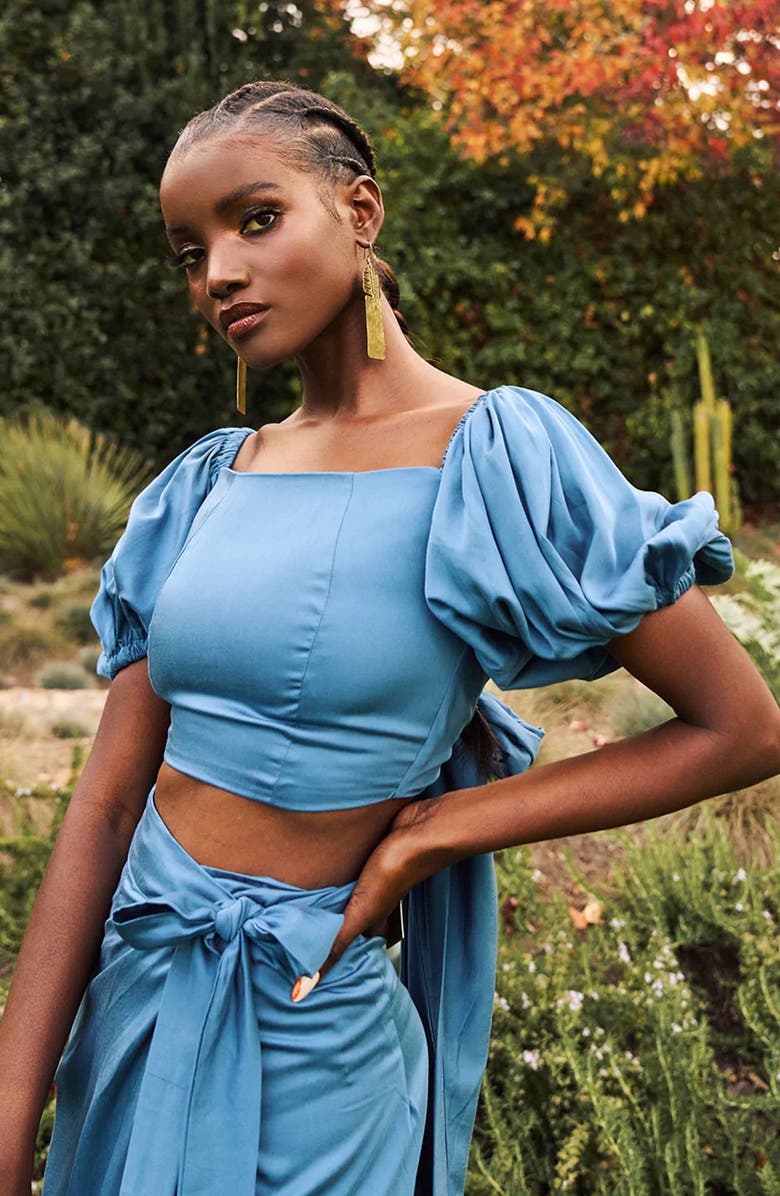 DIARRABLU Zany Off-the-Shoulder Puff Sleeve Satin Top, Alternate, color,