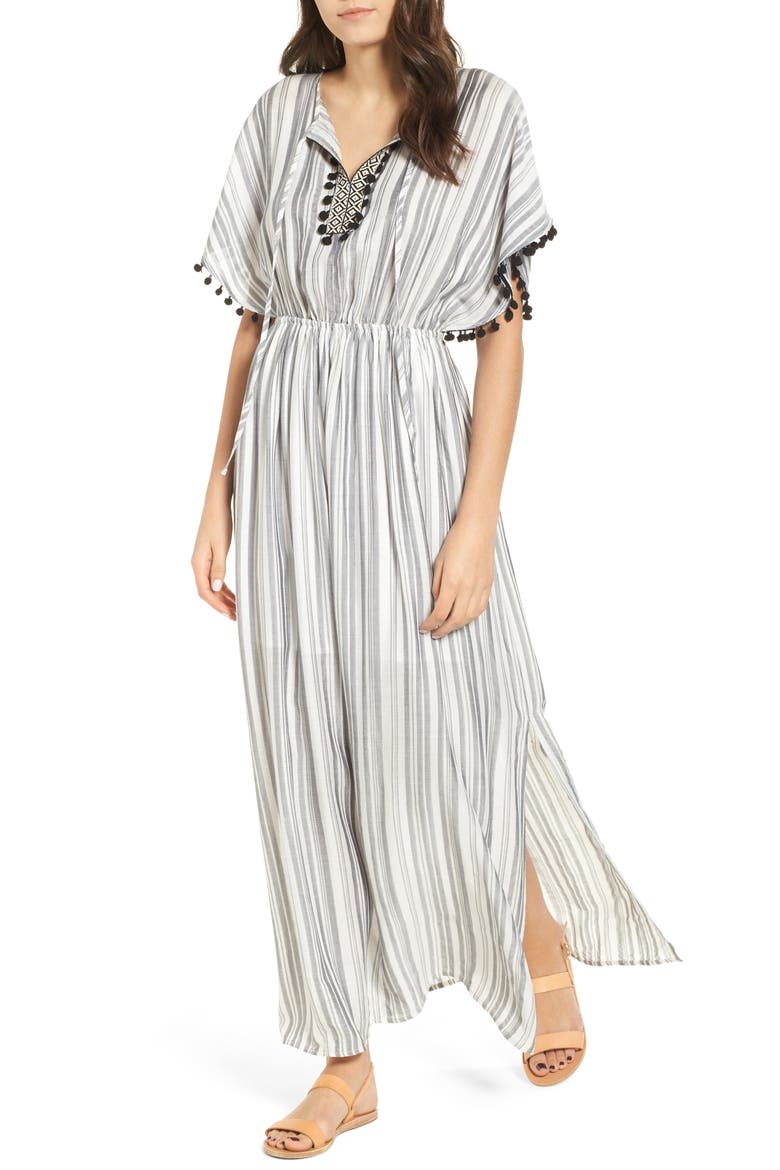 Stripe Pompom Trim Caftan, Main, color, IVORY BLACK