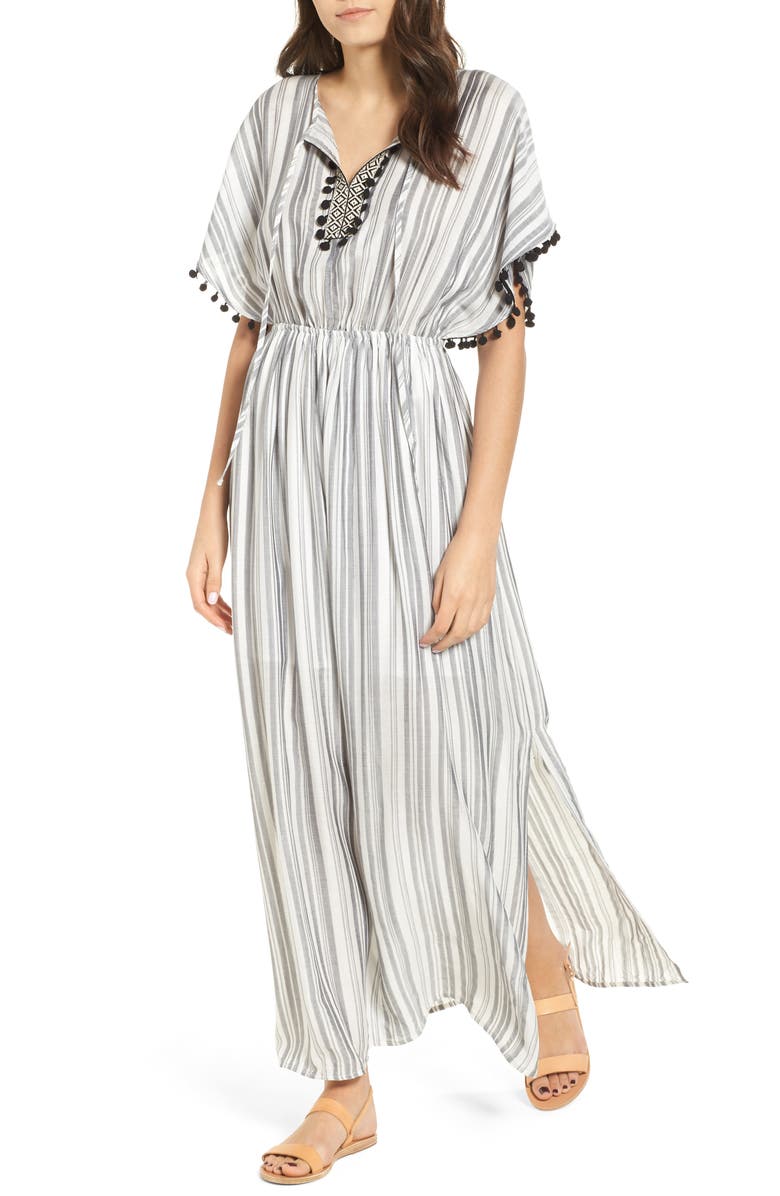 Everleigh Stripe Pompom Trim Caftan, Main, color, 