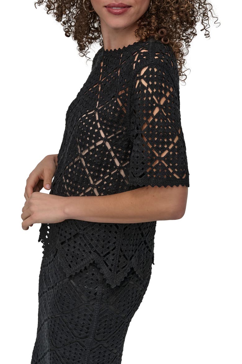 Crochet Stitch Short Sleeve Sweater, Alternate, color, BLACK