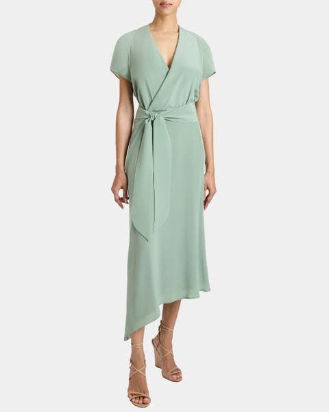HALEY Cap Sleeve Silk Faux Wrap Hi Lo Midi Dress