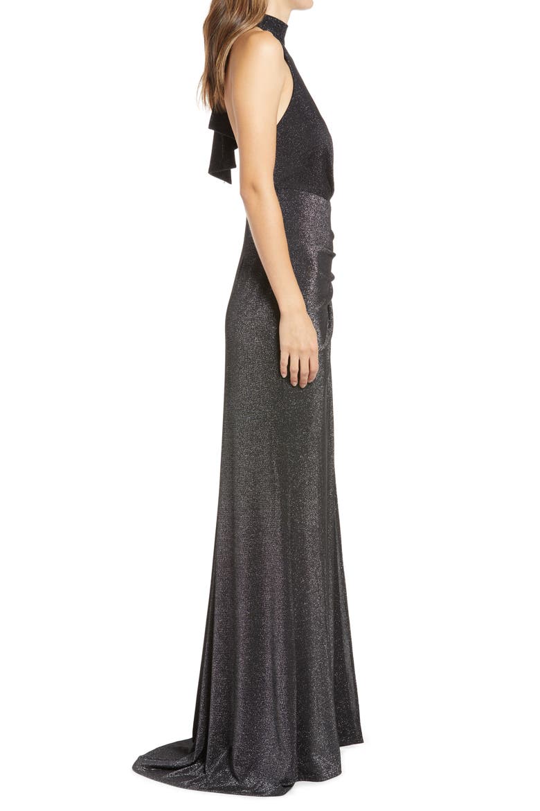 SHO by Tadahi Shoji Glitter Knit Halter Neck Body-Con Gown, Alternate, color, BLACK OPAL