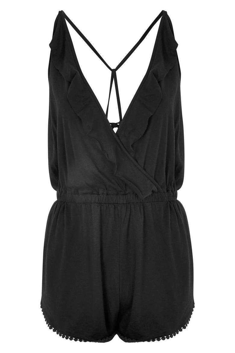 Jersey Wrap Cover-Up Romper, Alternate, color, BLACK
