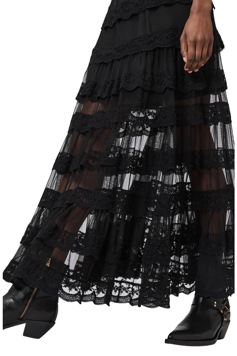 Maggie Lace Ruffle Maxi Skirt, Alternate, color, BLACK