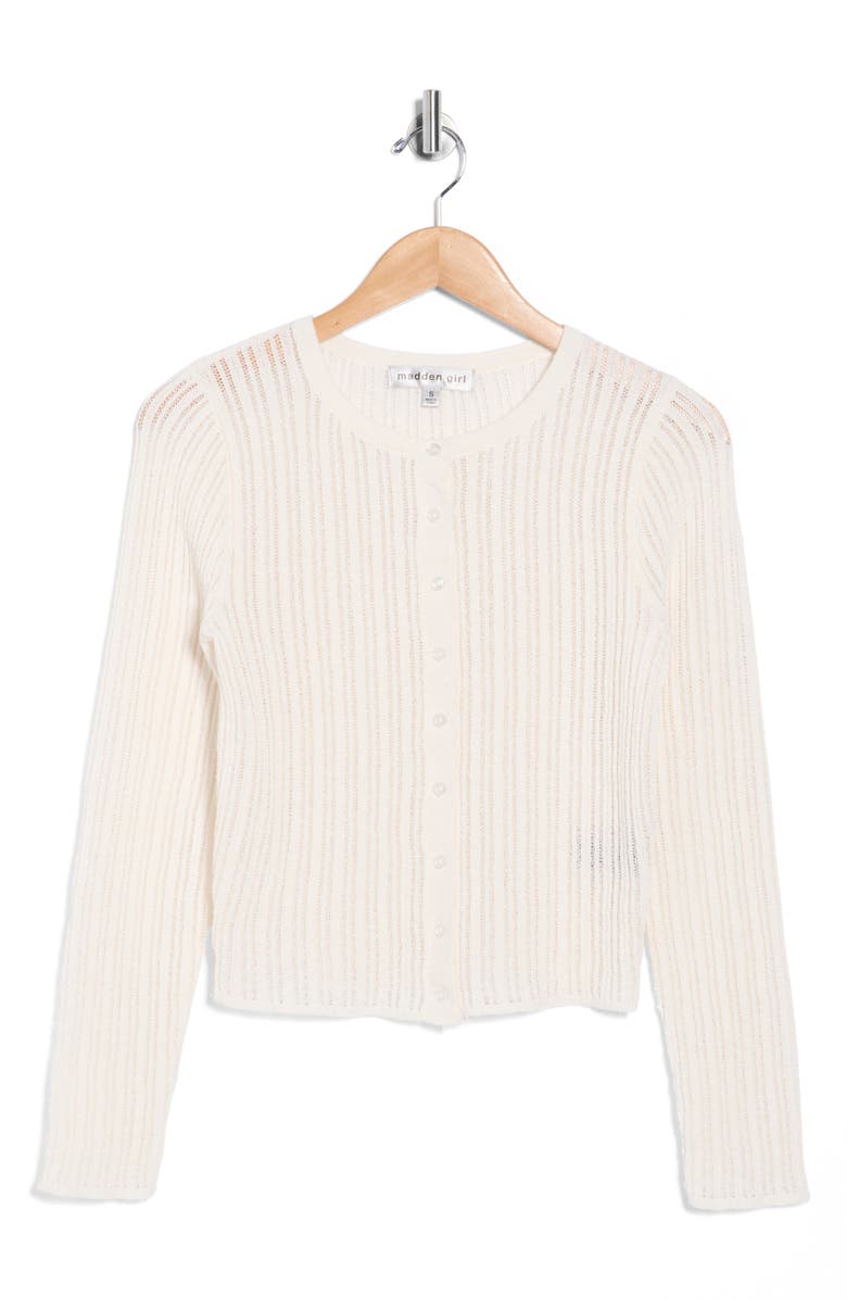Madden Girl Open Stitch Button Front Crop Cardigan, Alternate, color, Ivory