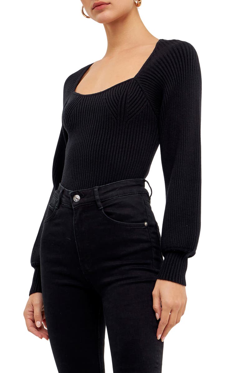 Endless Rose Ribbed Bishop Sleeve Top, Alternate, color, Black