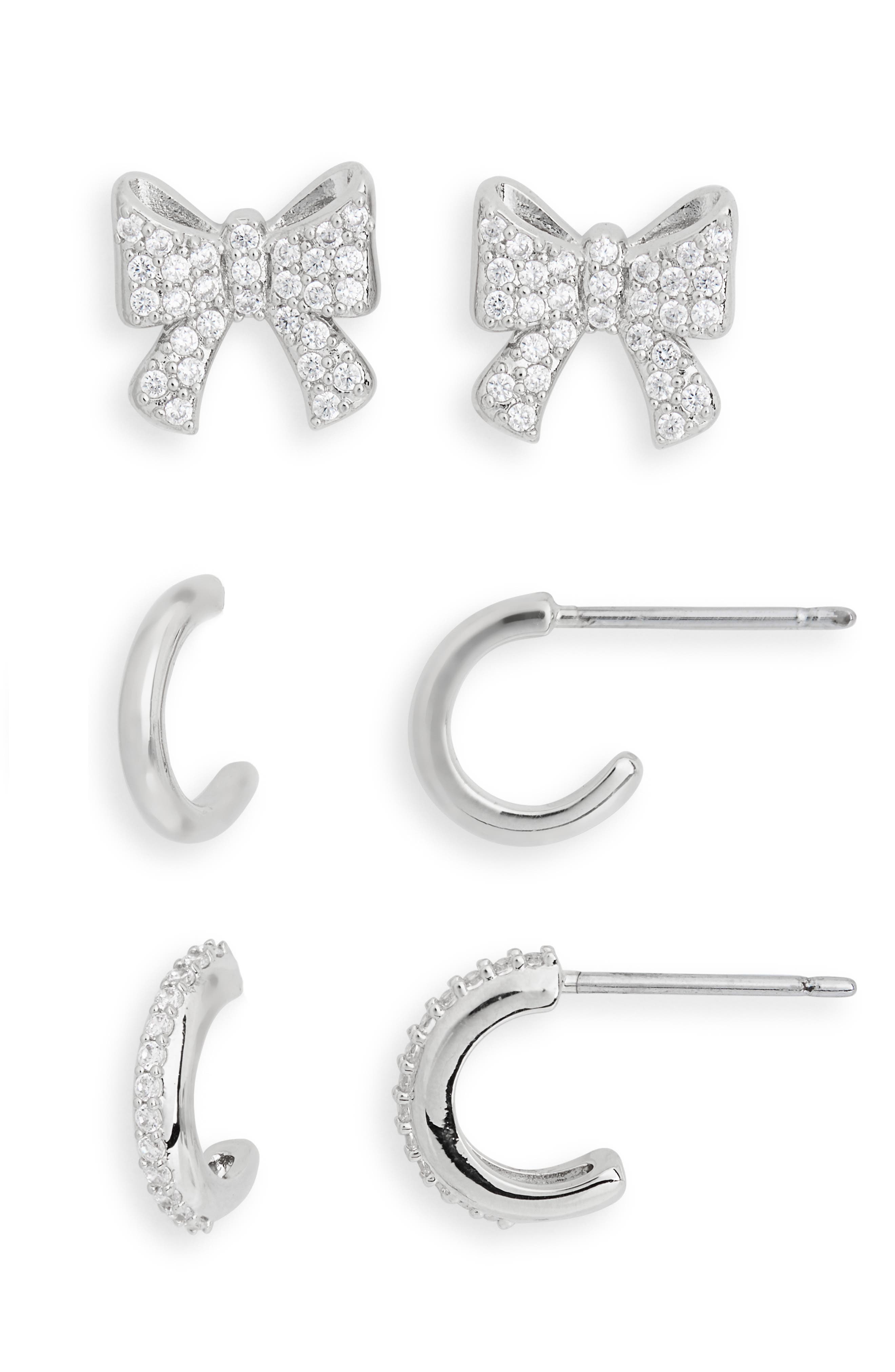 Nadri Set of 3 Cubic Zirconia Bow Stud & Huggie Hoop Earrings