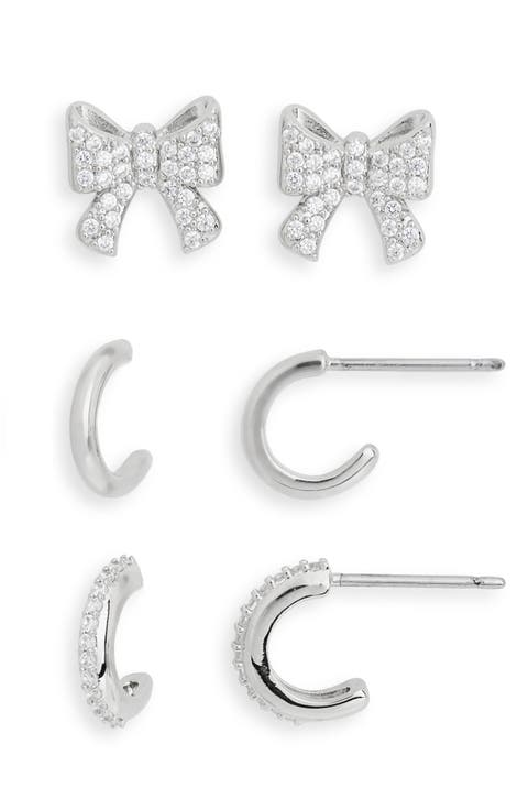 Set of 3 Cubic Zirconia Bow Stud & Huggie Hoop Earrings