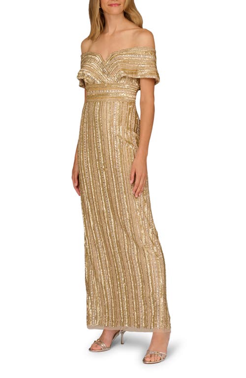 Aidan Mattox Embellished Off The Shoulder Gown In Brown