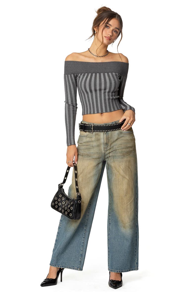 EDIKTED Daren Off the Shoulder Ribbed Crop Sweater, Alternate, color, Dark-Gray