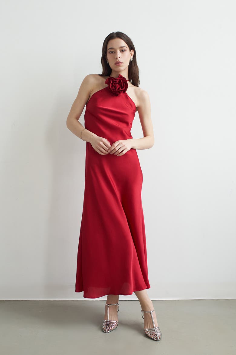 Belle Halter Neck Silky Dress With Crystallised Floral Corsage, Alternate, color, Red