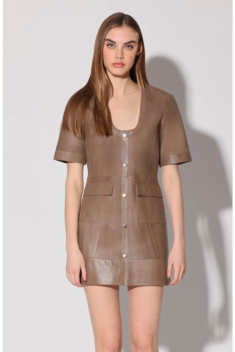 Harlynn Short Sleeve Leather Sheath Dress, Alternate, color, SAND