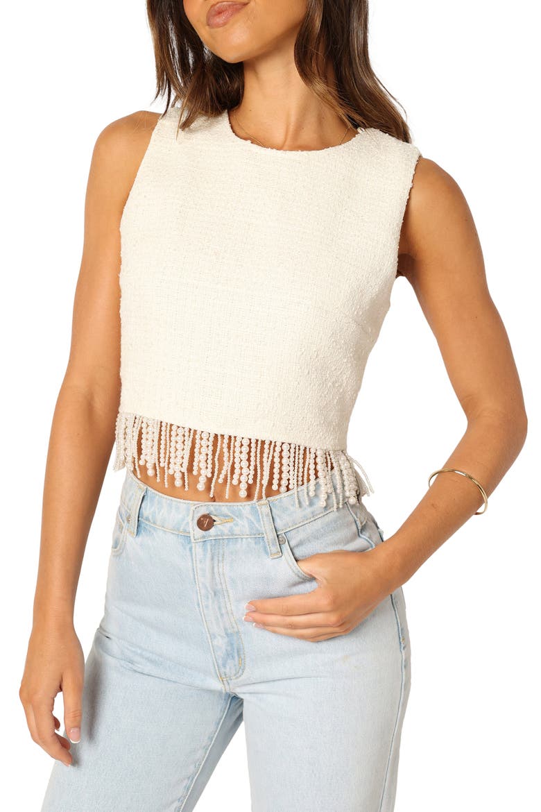 Milana Tweed Bead Fringe Sleeveless Top, Alternate, color, CREAM