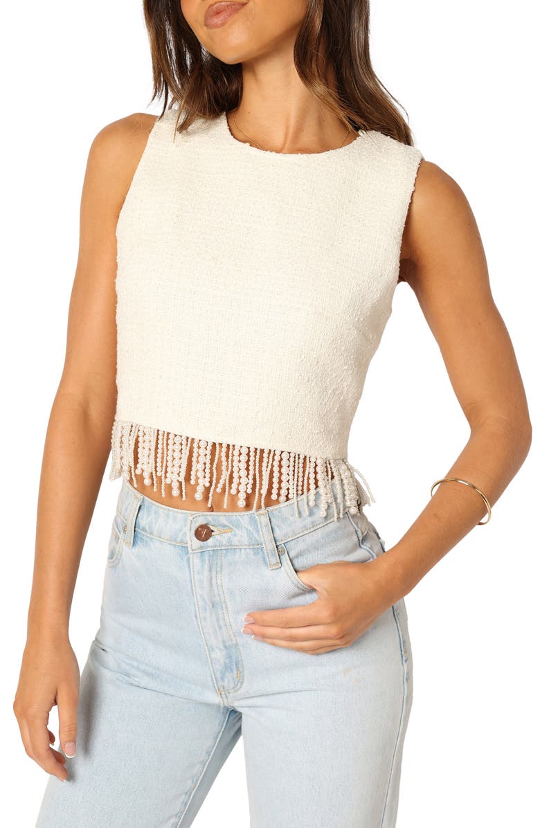 Petal & Pup Milana Tweed Bead Fringe Sleeveless Top, Alternate, color, Cream