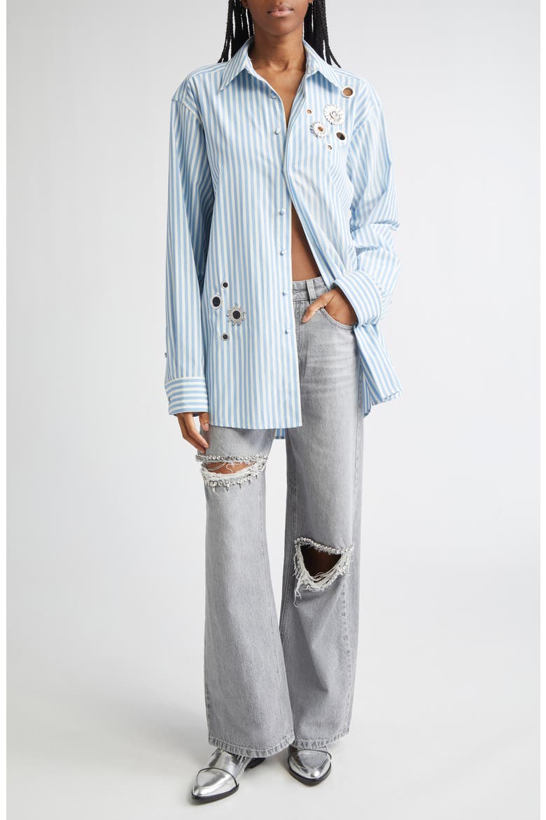 Crystal Embellished & Grommet Stripe Poplin Button-Up Shirt, Alternate, color, WHITE/ BLUE