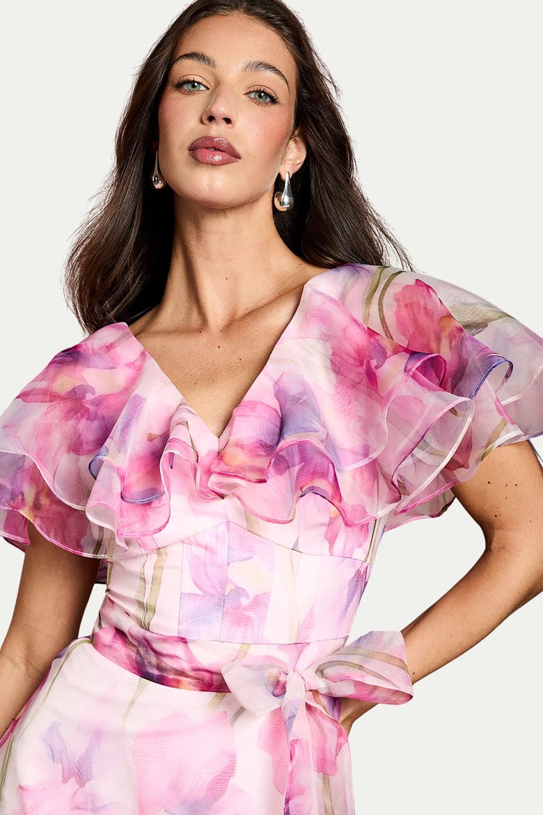 Printed Organza Ruffle Sleeve Midi Dress, Alternate, color, Pink