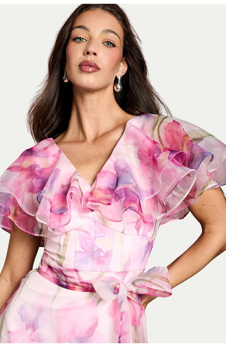 Coast Printed Organza Ruffle Sleeve Midi Dress, Alternate, color, Pink
