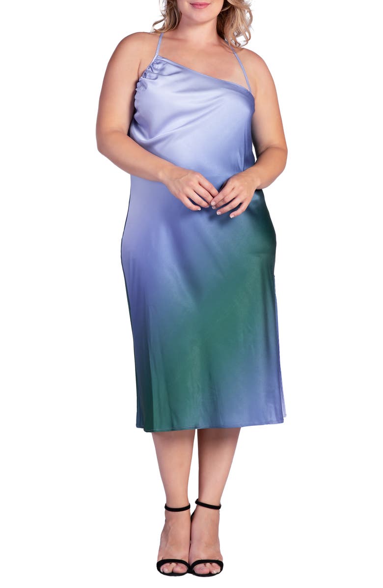 Standards & Practices Avi Ombré Asymmetric Neck Midi Slipdress, Main, color, Gracia Blue
