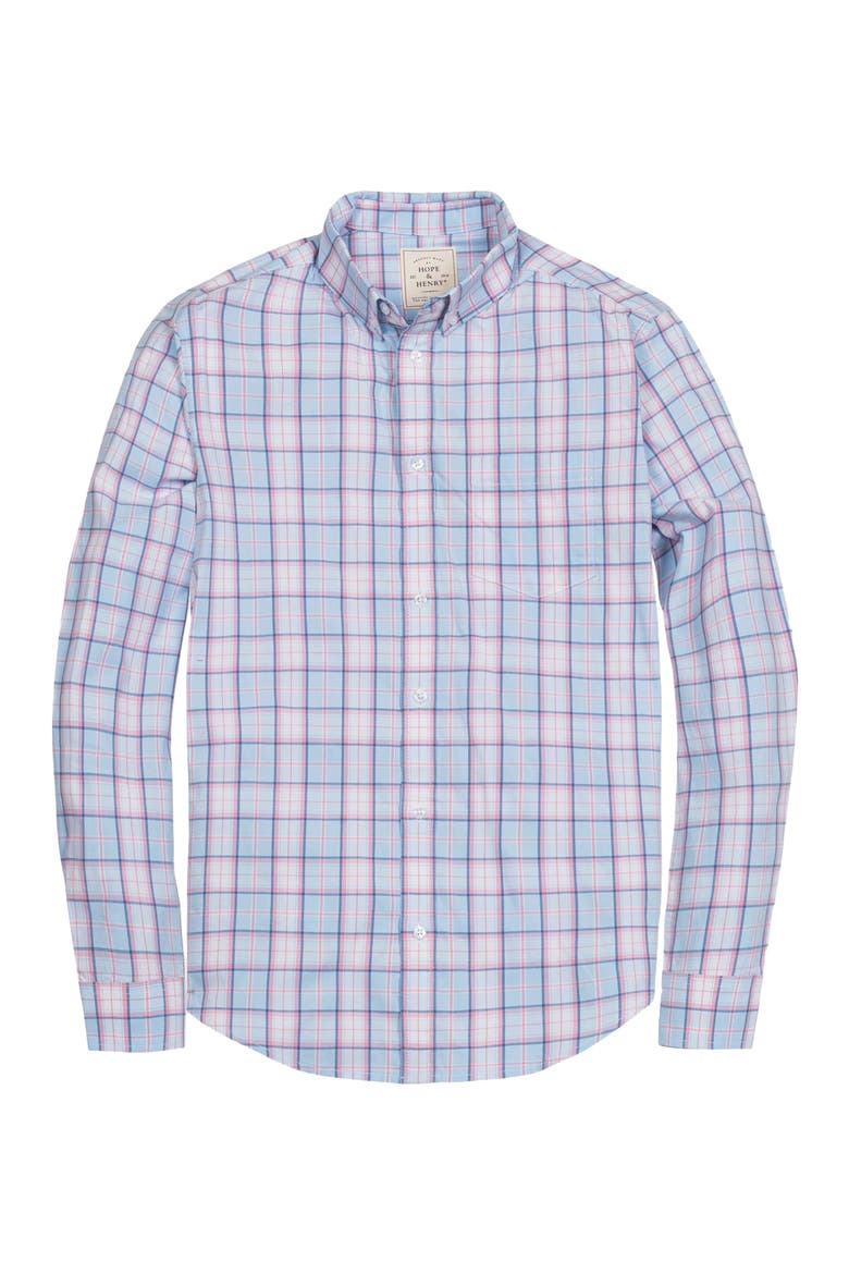 Organic Long Sleeve Stretch Poplin Button Down Shirt, Alternate, color, English Blue Plaid