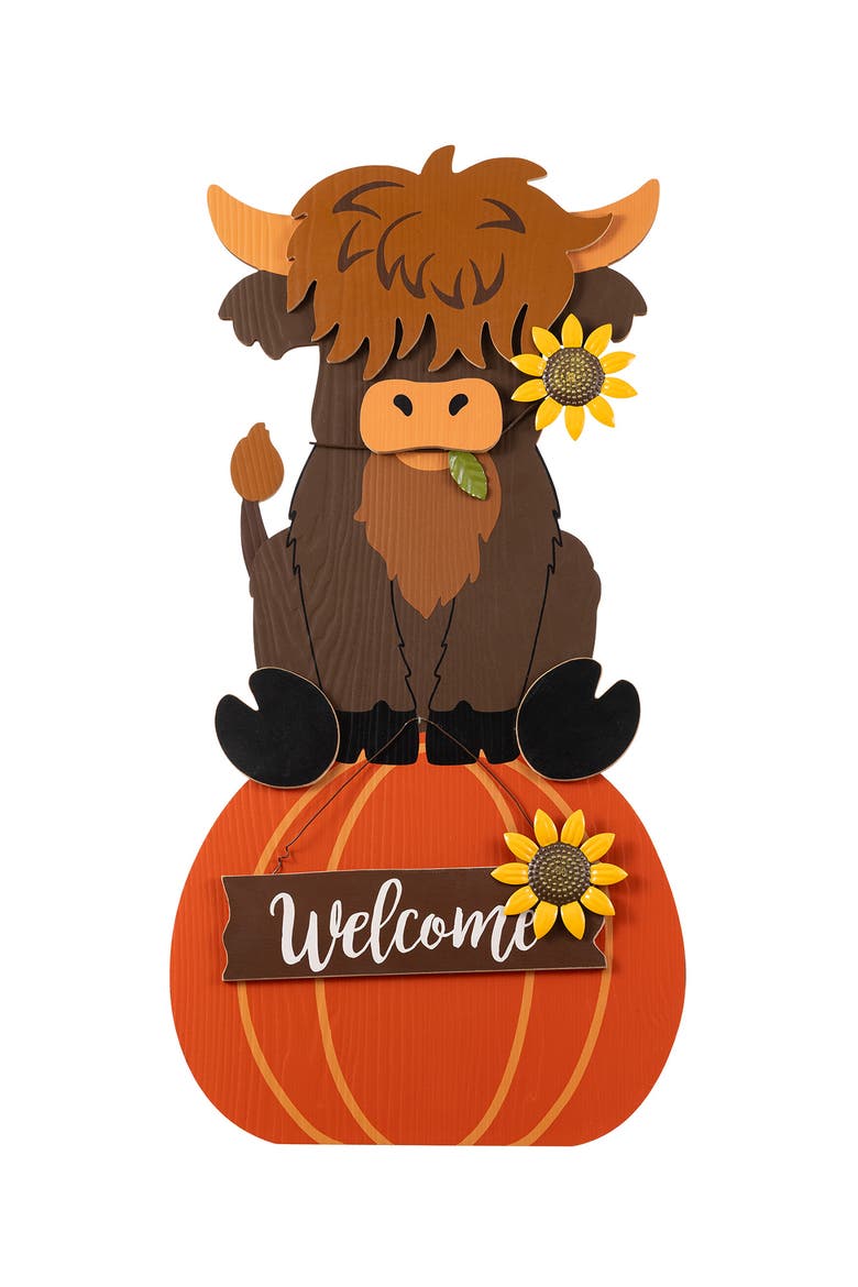 30"H Fall Wood Highland Cow Porch Decor, Main, color, Orange