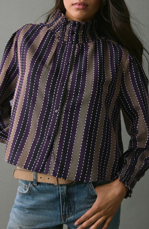 Embroidered Stripe Long Sleeve Button-Up Shirt