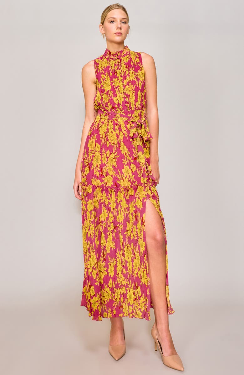 MELLODAY Floral Plissé Maxi Dress, Alternate, color, Magenta Gold Print