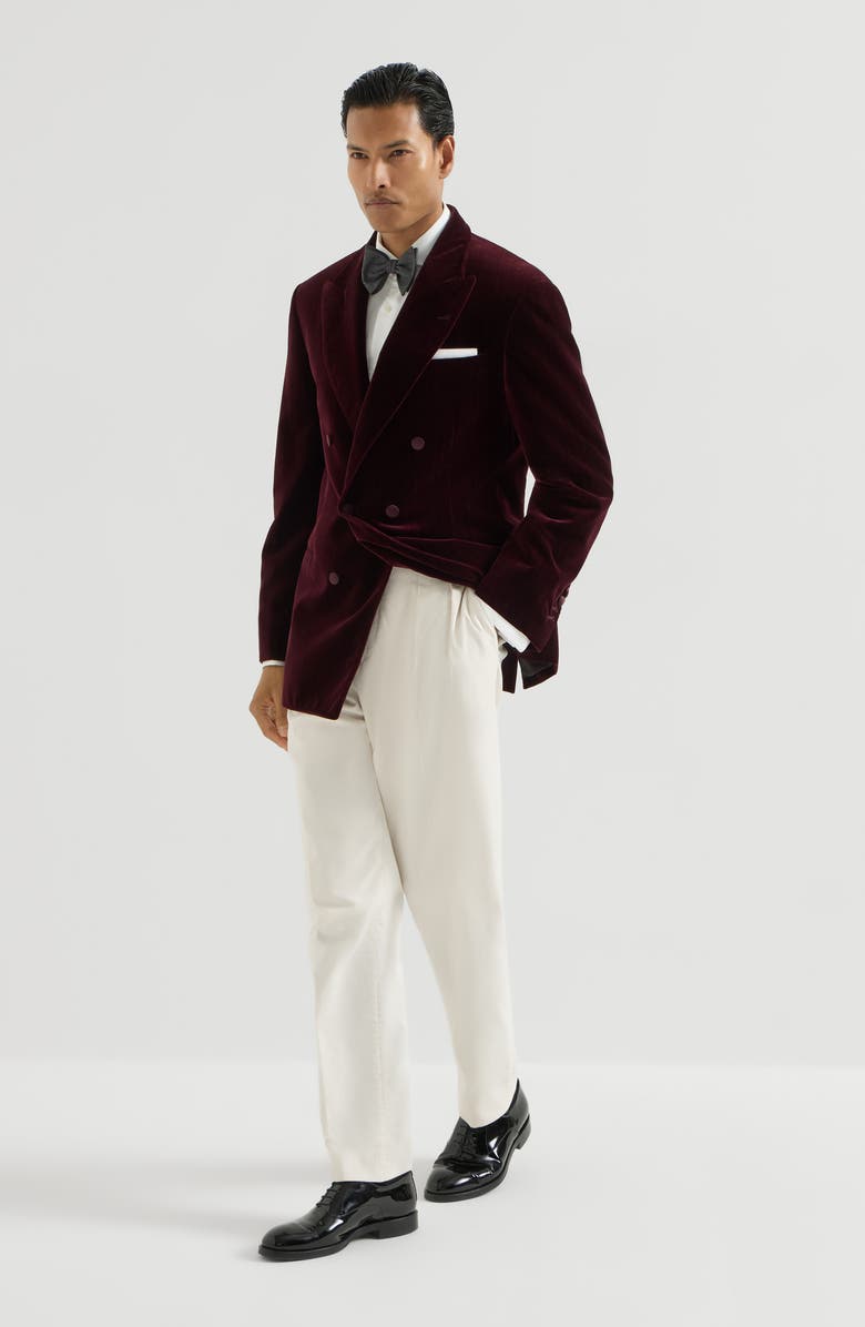 Brunello Cucinelli Sea Island cotton narrow wale corduroy tuxedo trousers with double pleats and tabbed waistband, Alternate, color, Milk