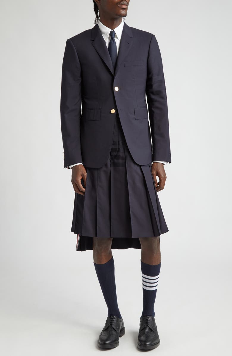 Thom Browne 4-Bar Pleated Back Strap High-Low Wool Skirt, Alternate, color, Dark Blue