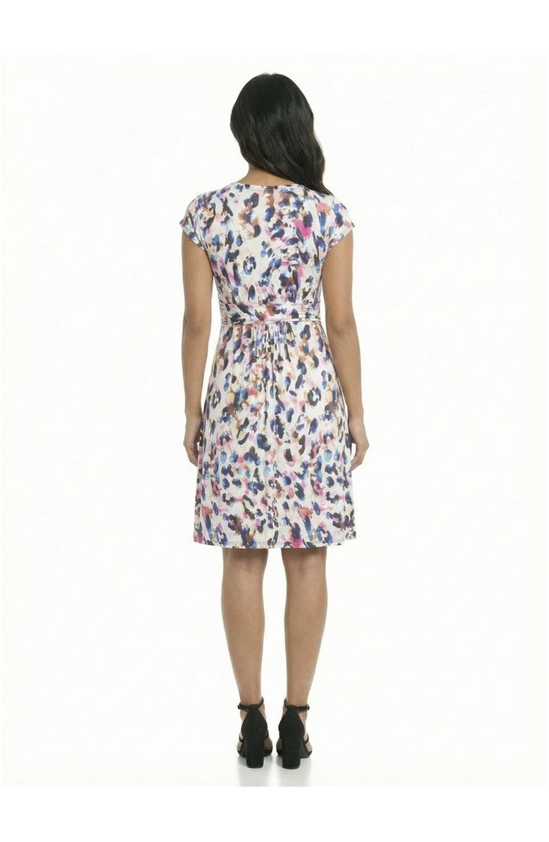 24seven Comfort Apparel Essential Petite Animal V-Neck Cap Sleeve Knee Length A-Line Pocket Dress, Alternate, color, White Multi