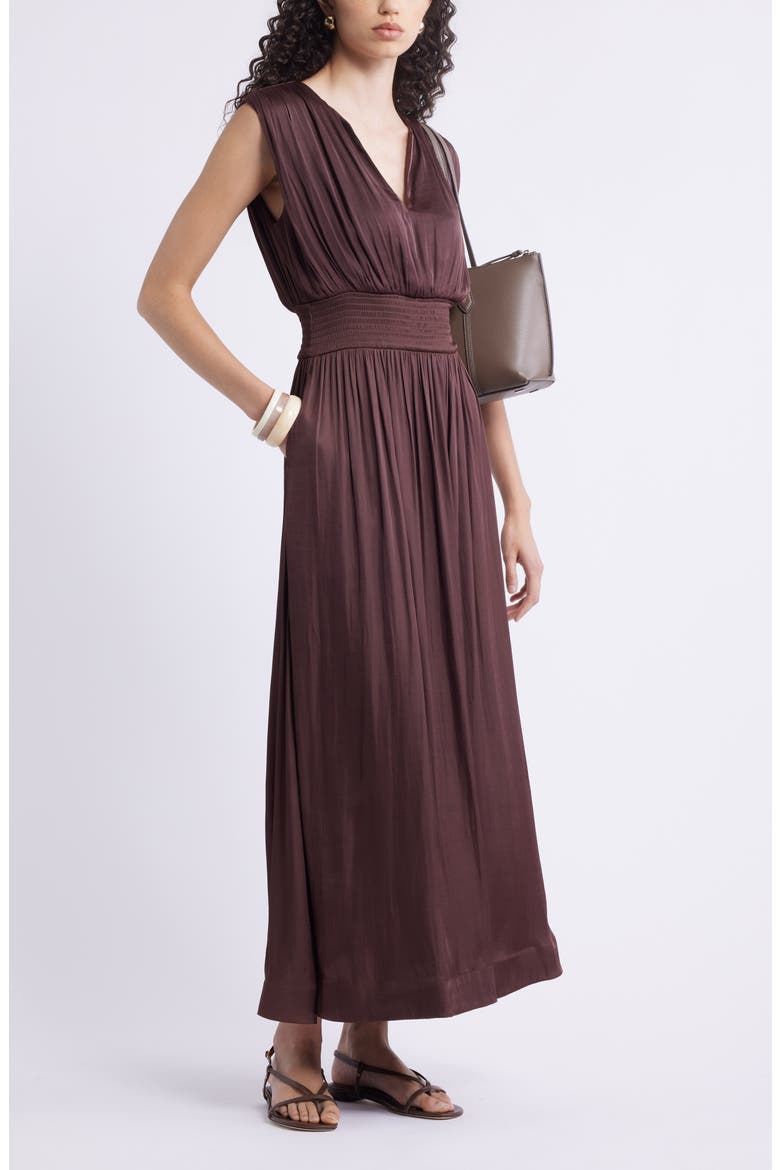 Sleeveless Smocked Satin Maxi Dress, Alternate, color, BROWN MALICACIA