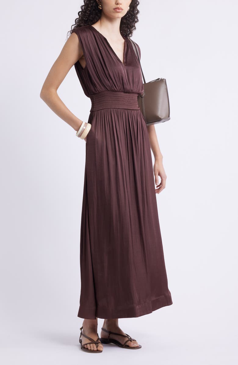 Nordstrom Sleeveless Smocked Satin Maxi Dress, Alternate, color, Brown Malicacia