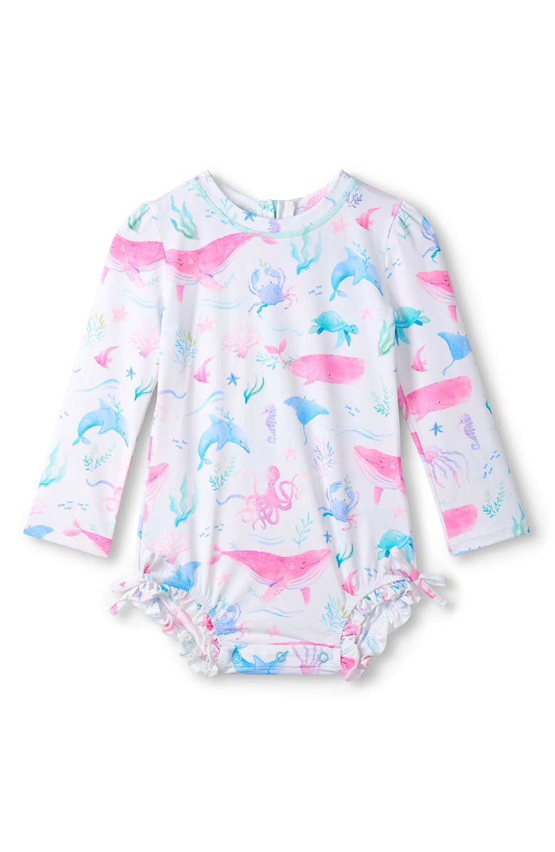 Hatley Kids' Painted Sealife Long Sleeve Rashguard Swimsuit, Main, color, White