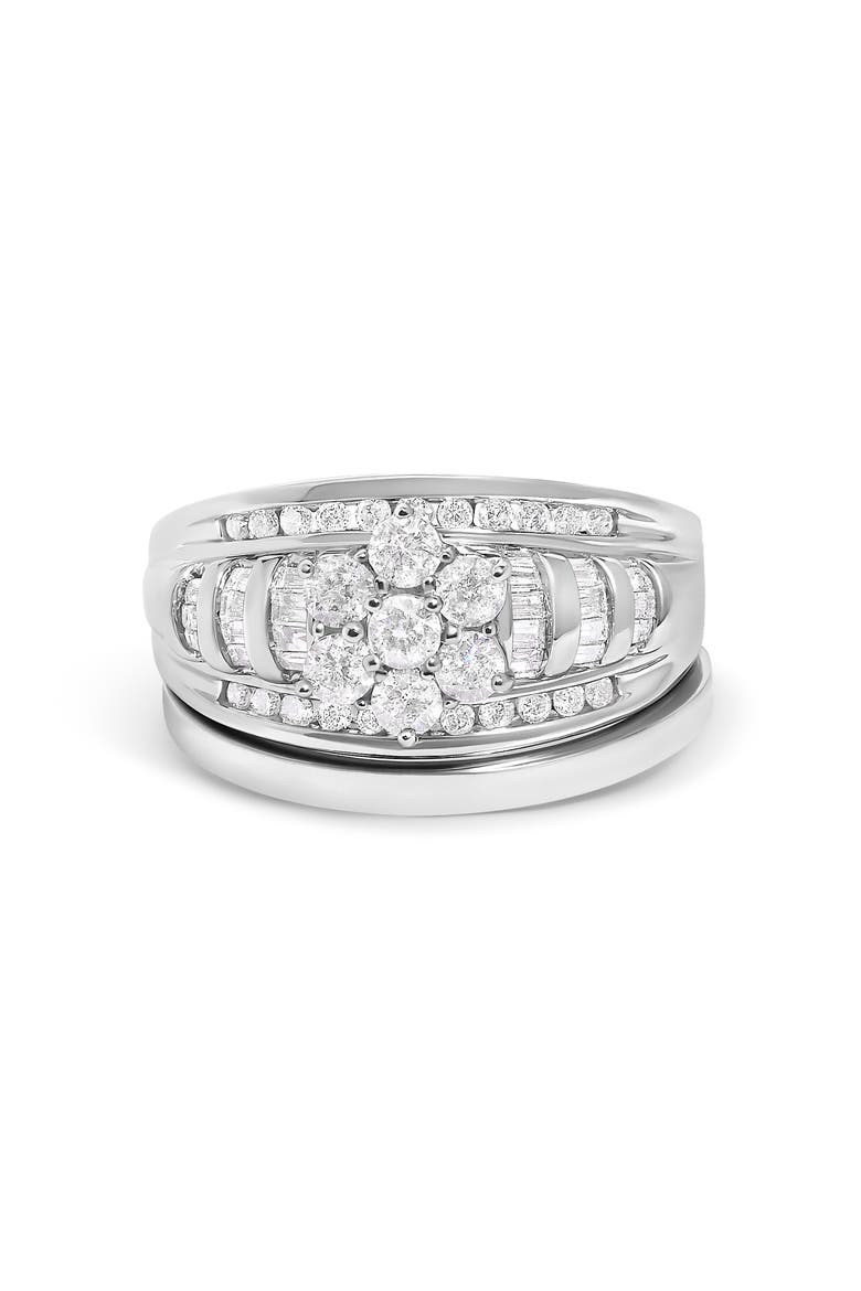 14K White Gold 1.0 Cttw Round and Baguette Diamond Cluster Bridal Set, Main, color, White Gold