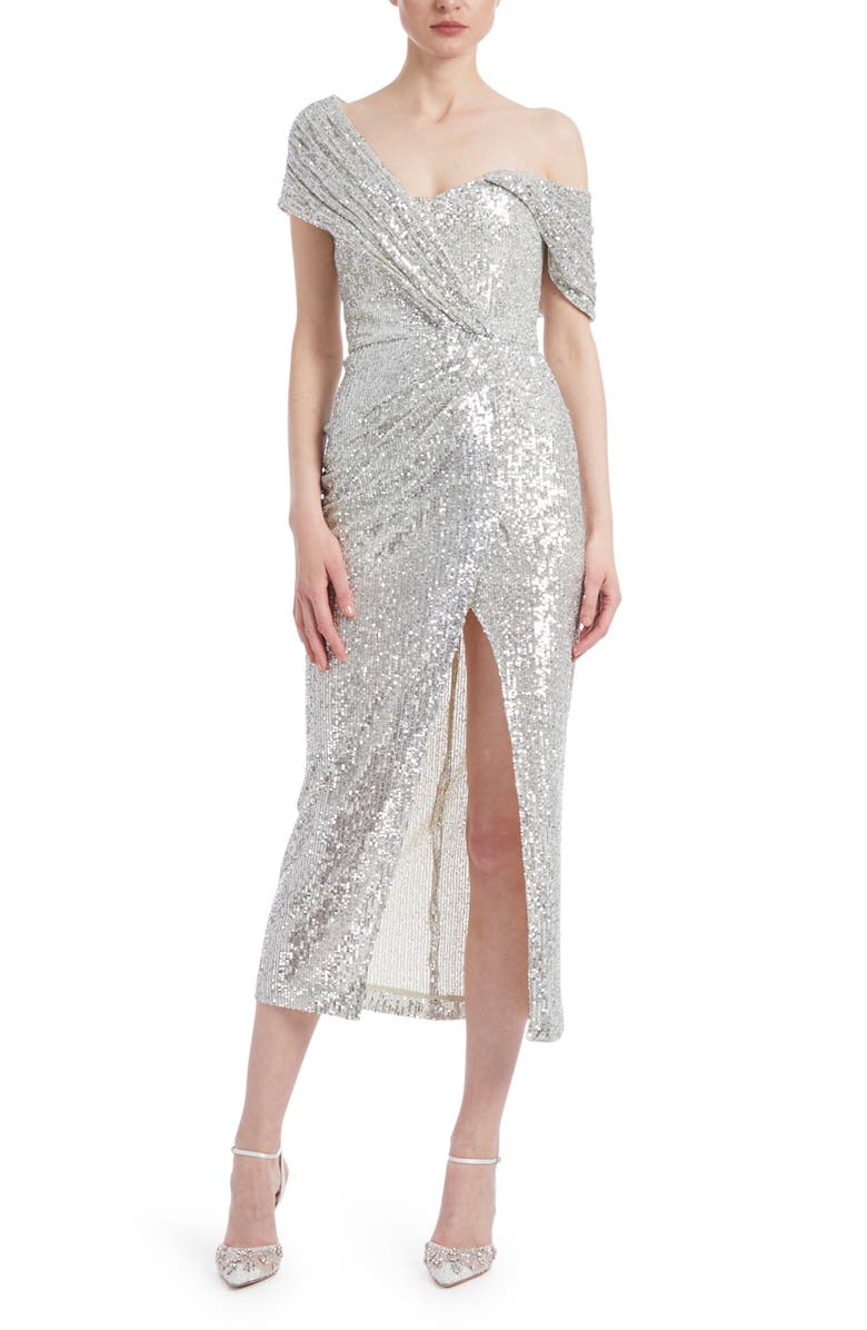 Badgley Mischka Collection Badgley Mischka Asymmetric One-Shoulder Sequin Evening Dress, Main, color, 