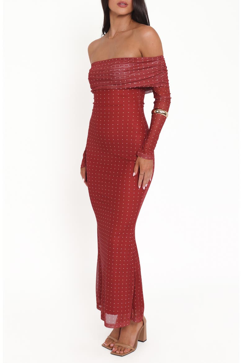 Zeva Off the Shoulder Long Sleeve Mesh Maxi Dress, Alternate, color, BURGUNDY SPOT