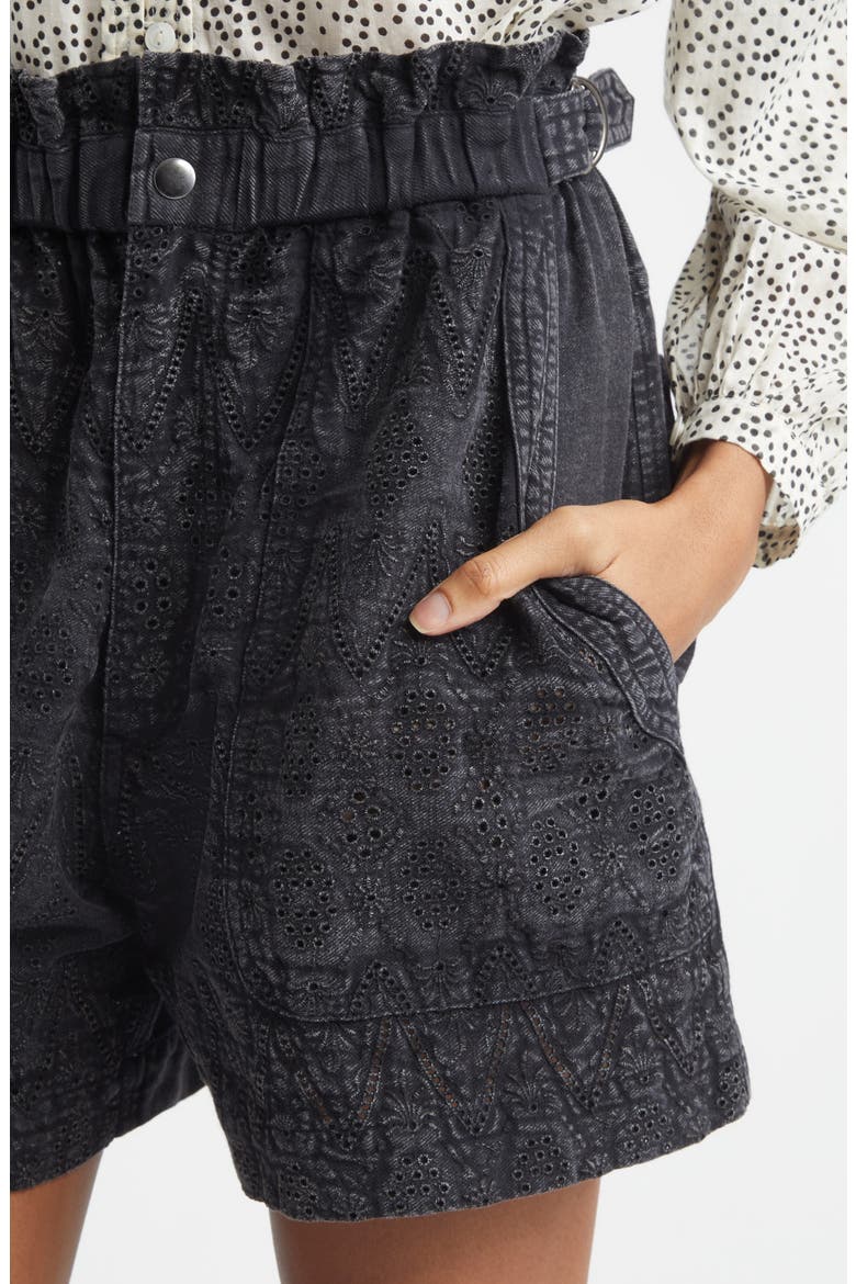 Kisha Embroidered Eyelet Denim Paperbag Shorts, Alternate, color, FADED BLACK