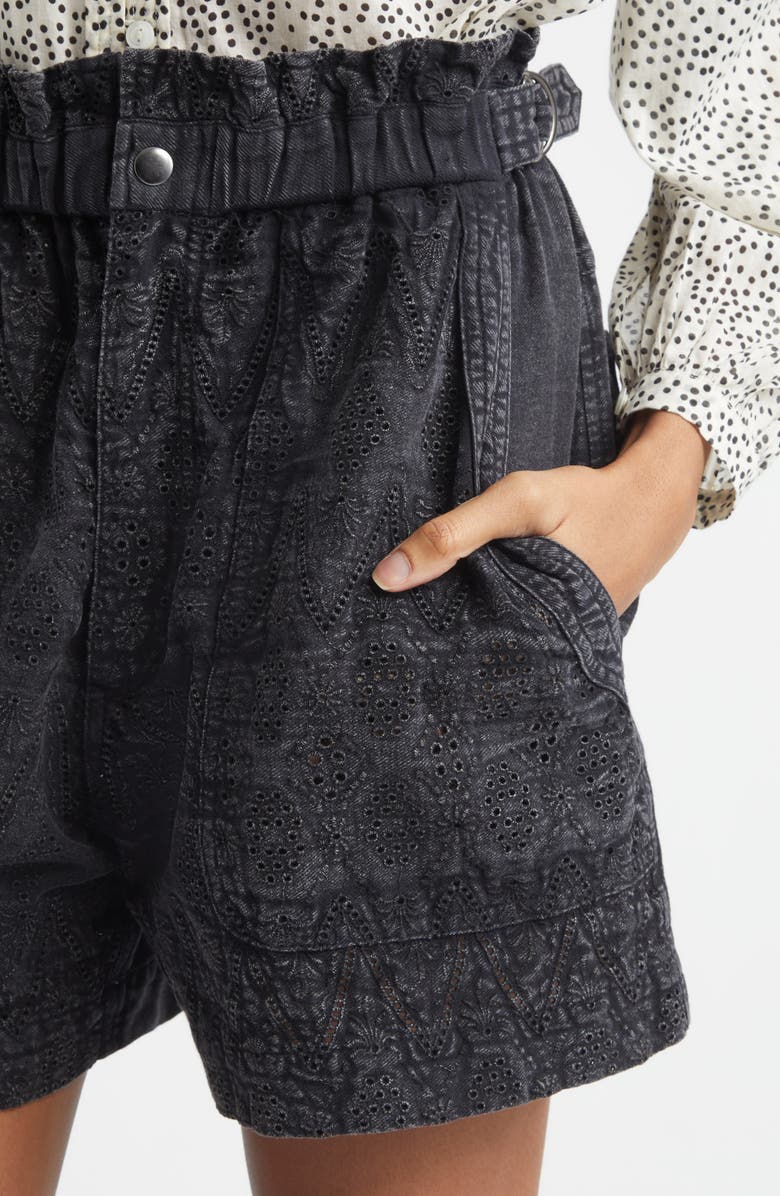 Isabel Marant Étoile Kisha Embroidered Eyelet Denim Paperbag Shorts, Alternate, color, Faded Black