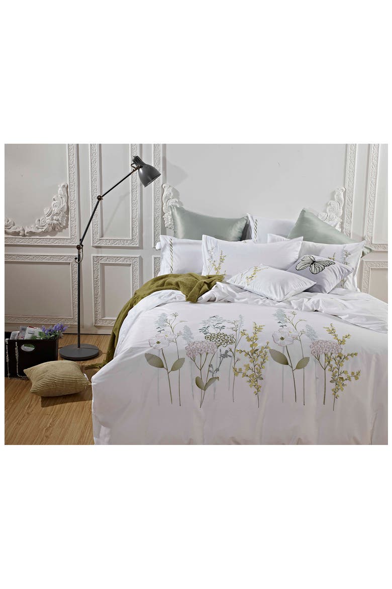 Full/Queen Spring Blossom Embroidered Cotton Duvet 2-Piece Set - White/Green, Alternate, color, WHITE/ GREEN