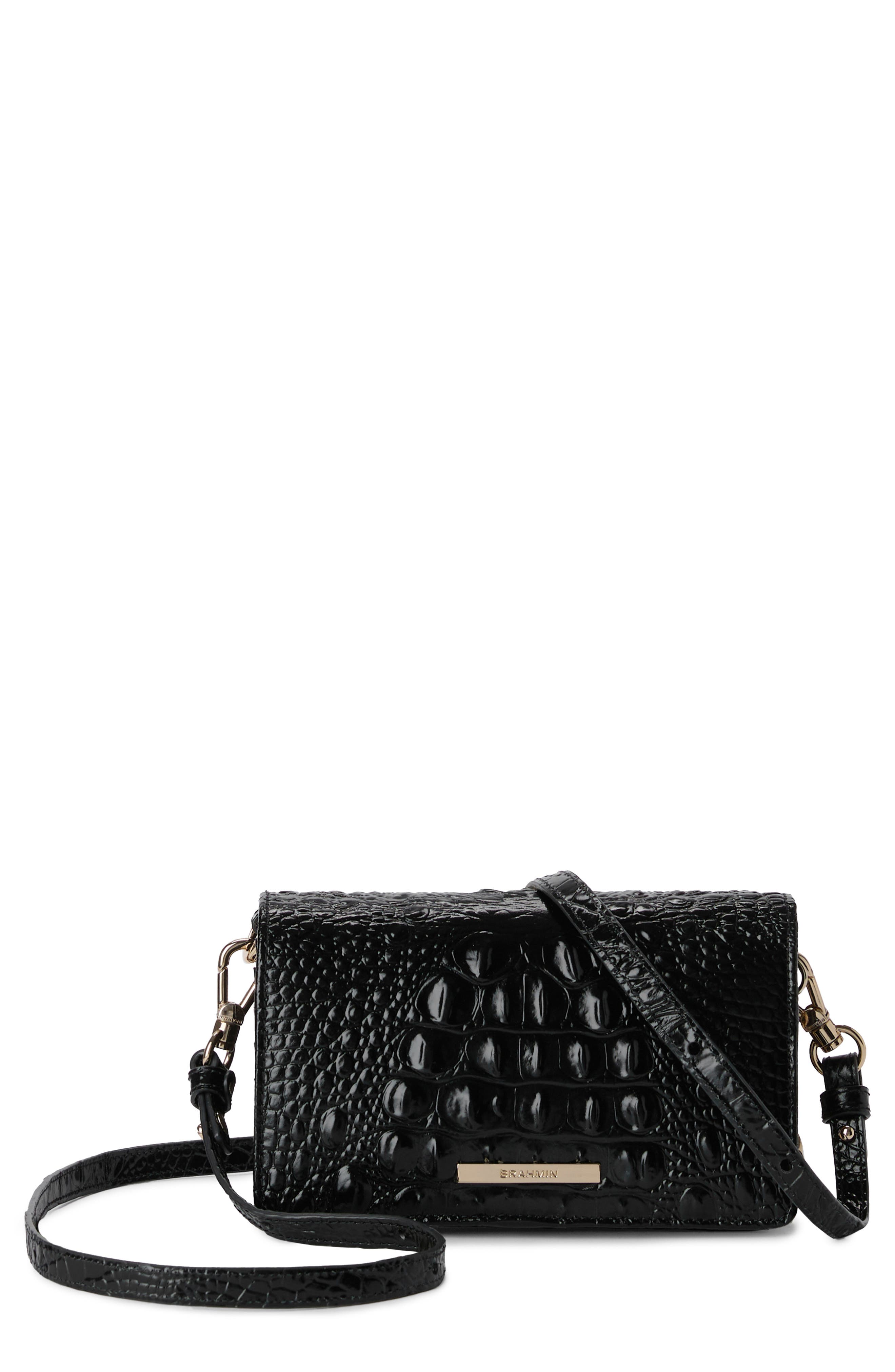 Brahmin Minuette Croc Embossed Leather Crossbody Bag, Main, color, Black