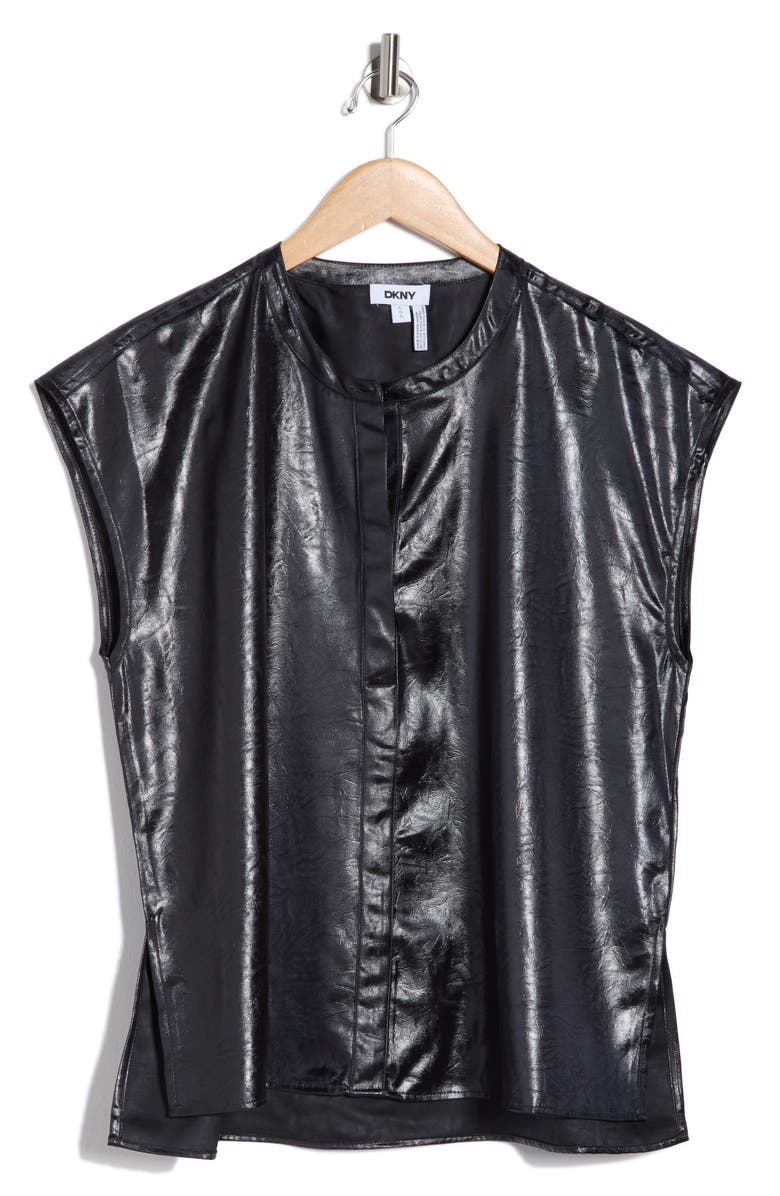 DKNY Crackled Faux Leather Cap Sleeve Top, Main, color, Navy