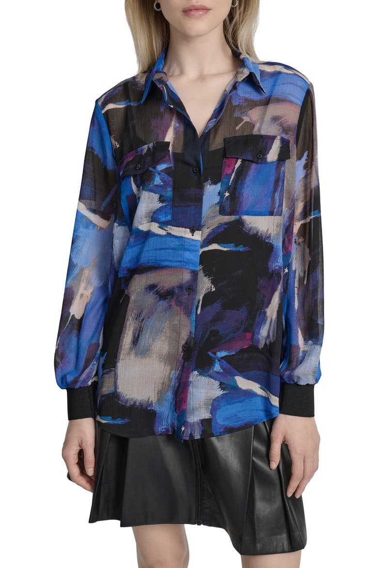 Floral Print Long Sleeve Chiffon Shirt, Main, color, BLUE BRUSH